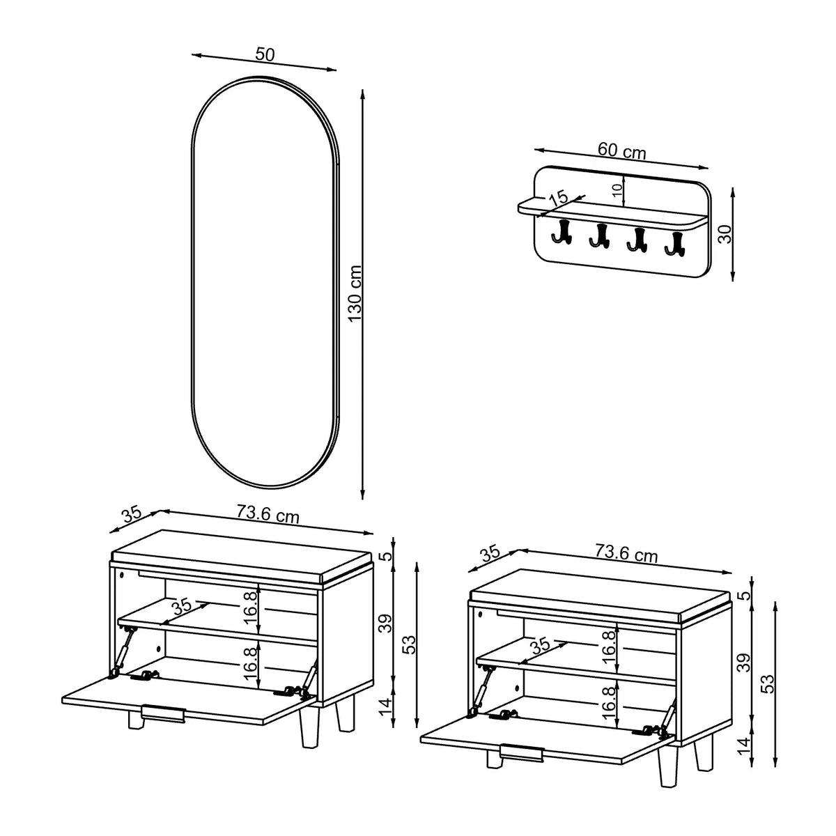 Technische Zeichnung Garderobenset NORD: Sitzbank 73,6 x 35 x 53 cm mit geöffneter Schuhklappe, Wandgarderobe 60 x 30 cm, ovaler Spiegel 50 x 130 cm