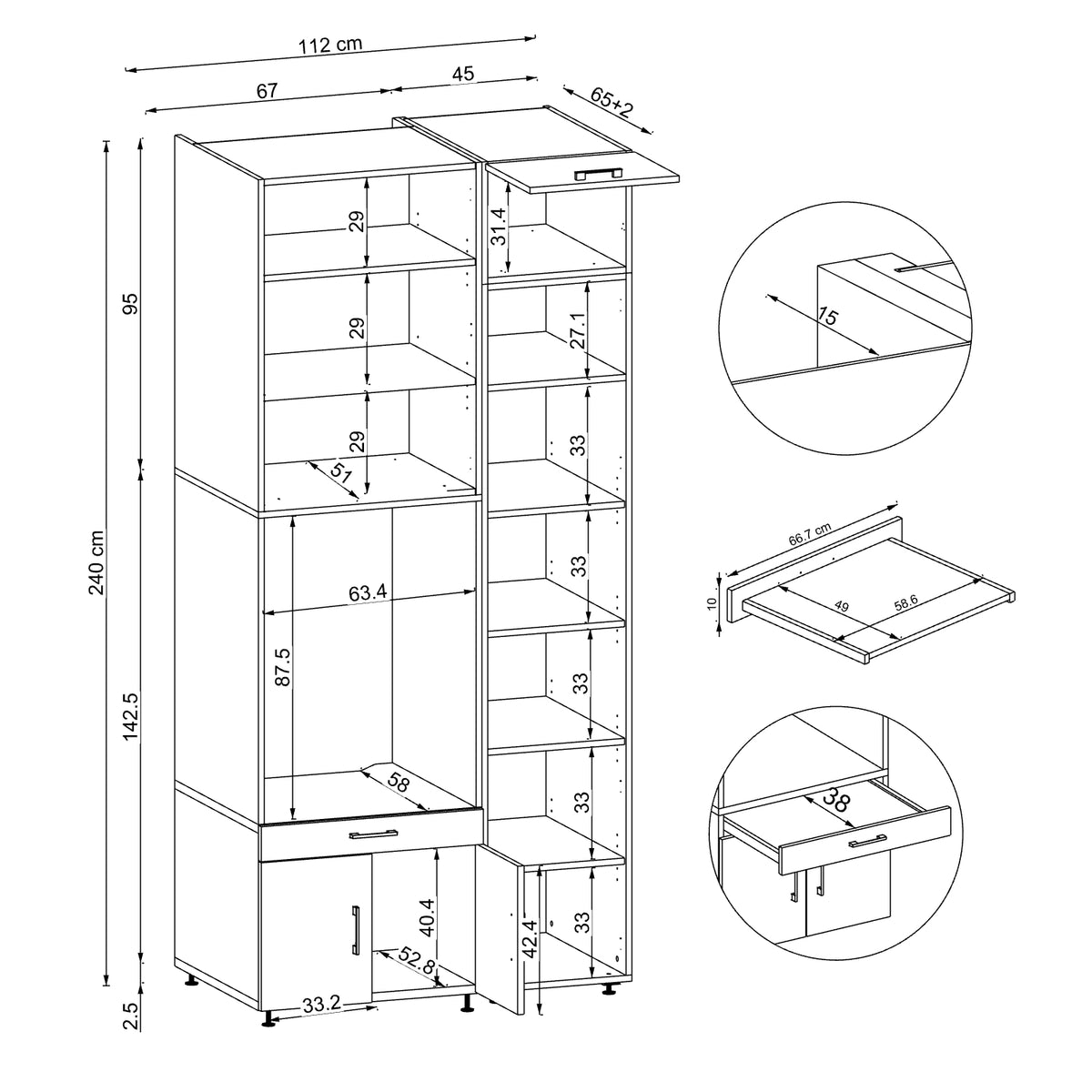 Roomart Waschmaschinenschrank SERIE 3 112 cm, Weiß, 240 cm hoch, technische Zeichnung
