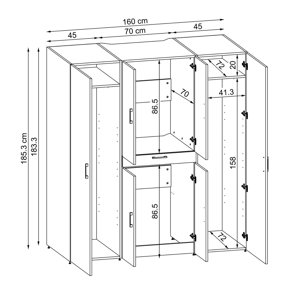 Roomart Waschmaschinenschrank DORA-I 160 cm, technische Zeichnung, 186 cm hoch