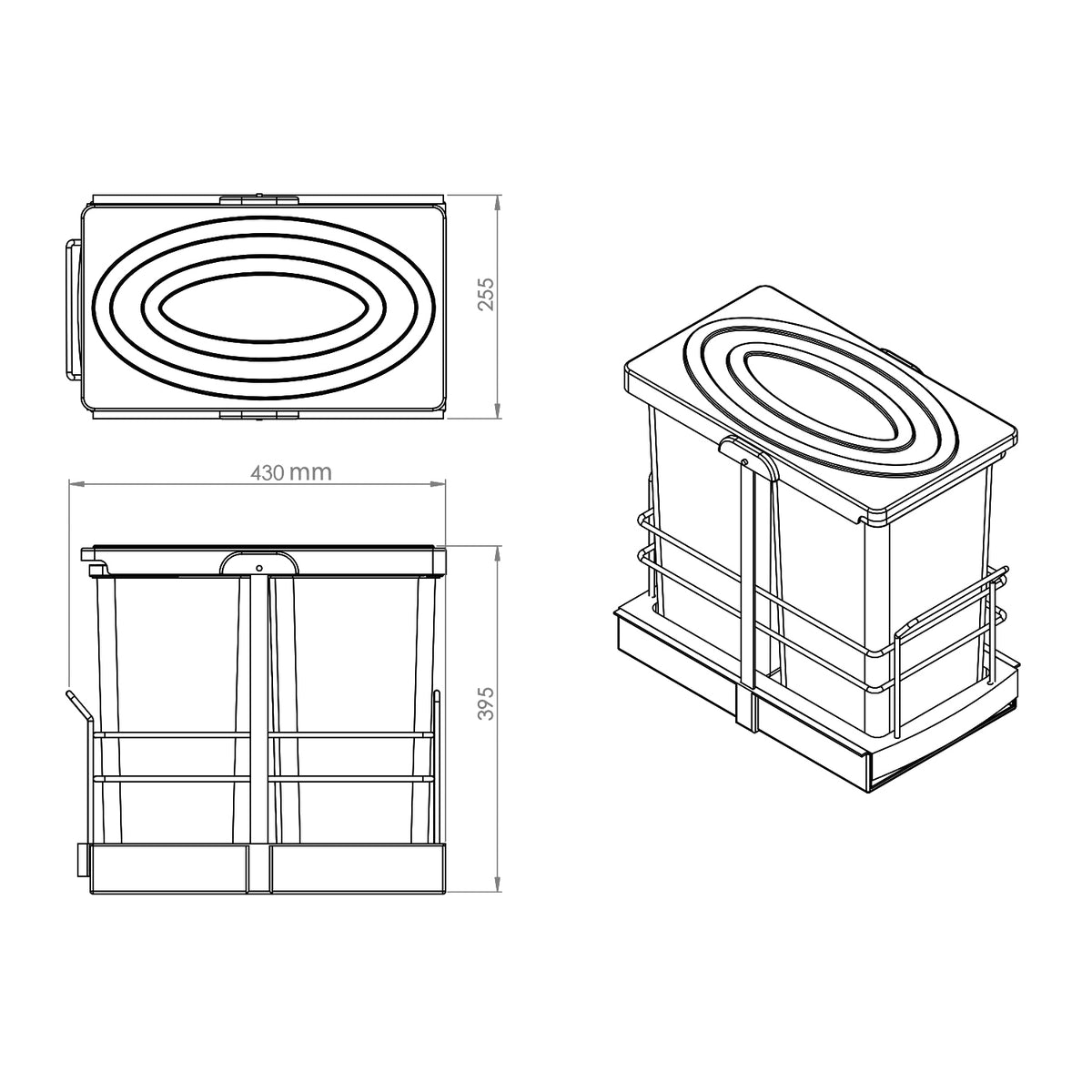 Maßzeichnung Einbau-Mülltrennsystem, ca. 25,5 x 39,5 x 43 cm