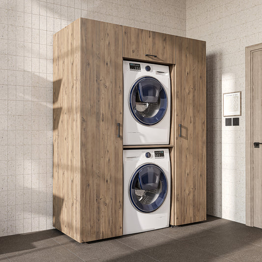 Roomart kastenwand DUO-I, 157 cm, met 2 hoge kasten en bovenkast voor wasmachine & droger, in 2 kleuren