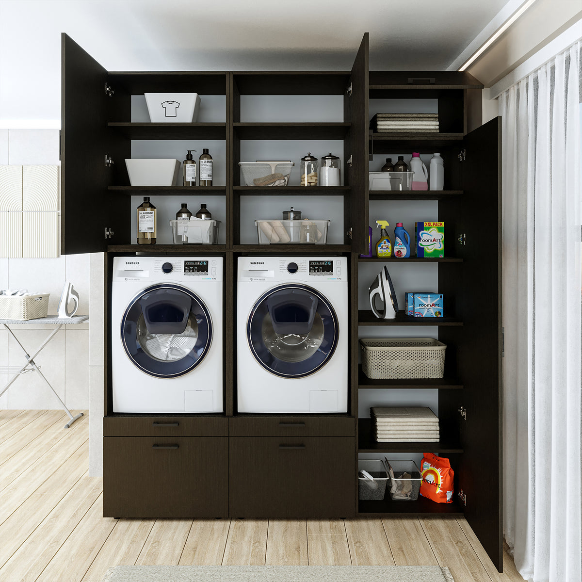 Roomart wasmachinekast SERIE 2, dubbele kast met uittrekplanken en hoge kast, in 3 kleuren