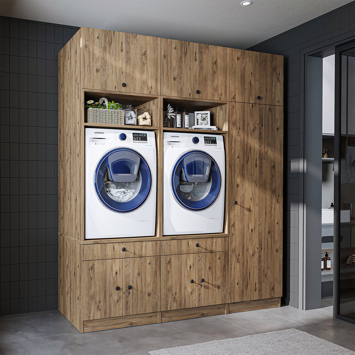 Roomart Schrankwand für Waschküche & Hauswirtschaftsraum, in 3 Farben, Mit Ausziehbrett • Weiß • Schwarz eiche - waschmaschinenschrank, waschmaschinenregal, waschturm, schrank, weiß, waschmaschinen, unterschrank, waschmaschine, trockner, haushaltsschrank,