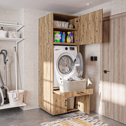 Roomart wasmachinekast 205 cm met bovenkast en uitschuifbaar werkblad, in 3 kleuren