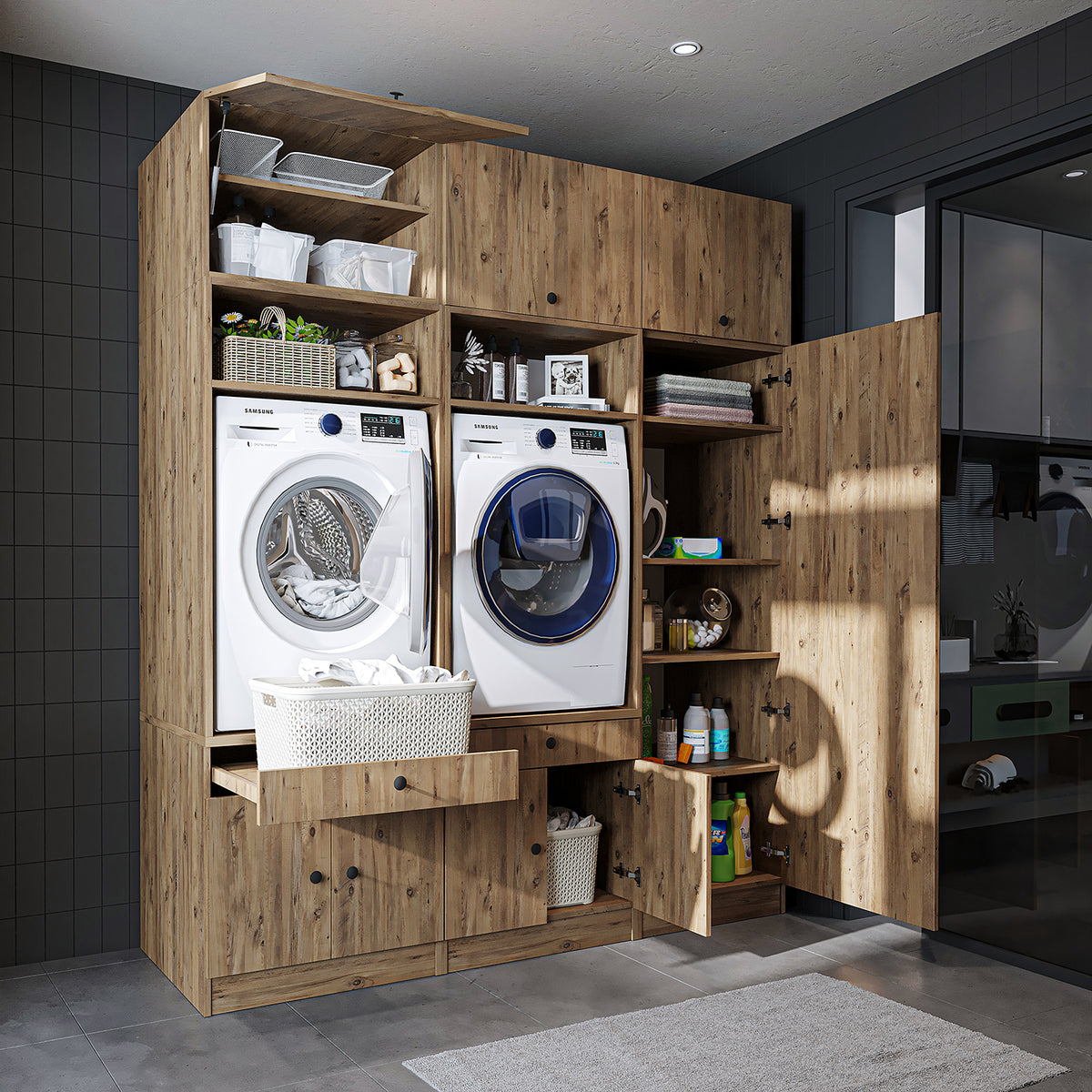 Roomart Schrankwand für Waschküche & Hauswirtschaftsraum, in 3 Farben, Mit Ausziehbrett • Weiß • Schwarz eiche - waschmaschinenschrank, waschmaschinenregal, waschturm, schrank, weiß, waschmaschinen, unterschrank, waschmaschine, trockner, haushaltsschrank,