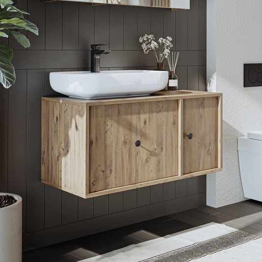 Roomart Badezimmermöbel GUSTO 90 cm – Keramik Waschbecken &/oder Unterschrank – Modernes Design – Varianten wählbar – Eiche oder Weiß - badezimmerschrank, waschbecken, badezimmermöbel, badschrank, badezimmer, mit, unterschrank, badmöbel, set, waschtisch,