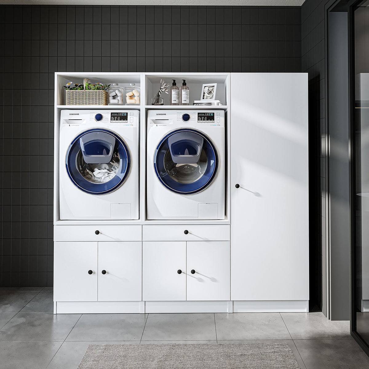 Roomart Schrankwand für Waschküche & Hauswirtschaftsraum, in 3 Farben, Mit Ausziehbrett • Weiß • Schwarz eiche - waschmaschinenschrank, waschmaschinenregal, waschturm, schrank, weiß, waschmaschinen, unterschrank, waschmaschine, trockner, haushaltsschrank,