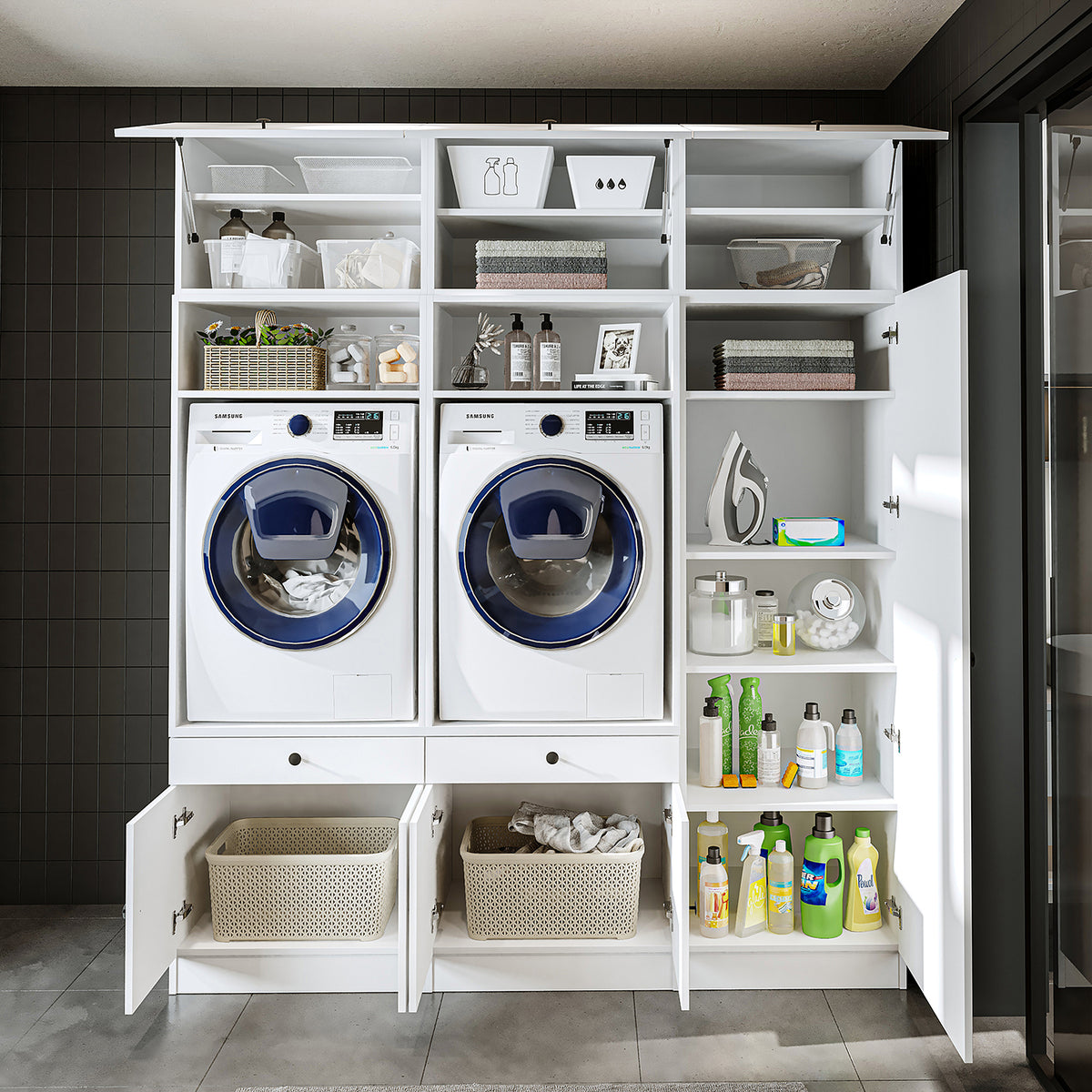 Roomart Schrankwand für Waschküche & Hauswirtschaftsraum, in 3 Farben, Mit Ausziehbrett • Weiß • Schwarz eiche - waschmaschinenschrank, waschmaschinenregal, waschturm, schrank, weiß, waschmaschinen, unterschrank, waschmaschine, trockner, haushaltsschrank,