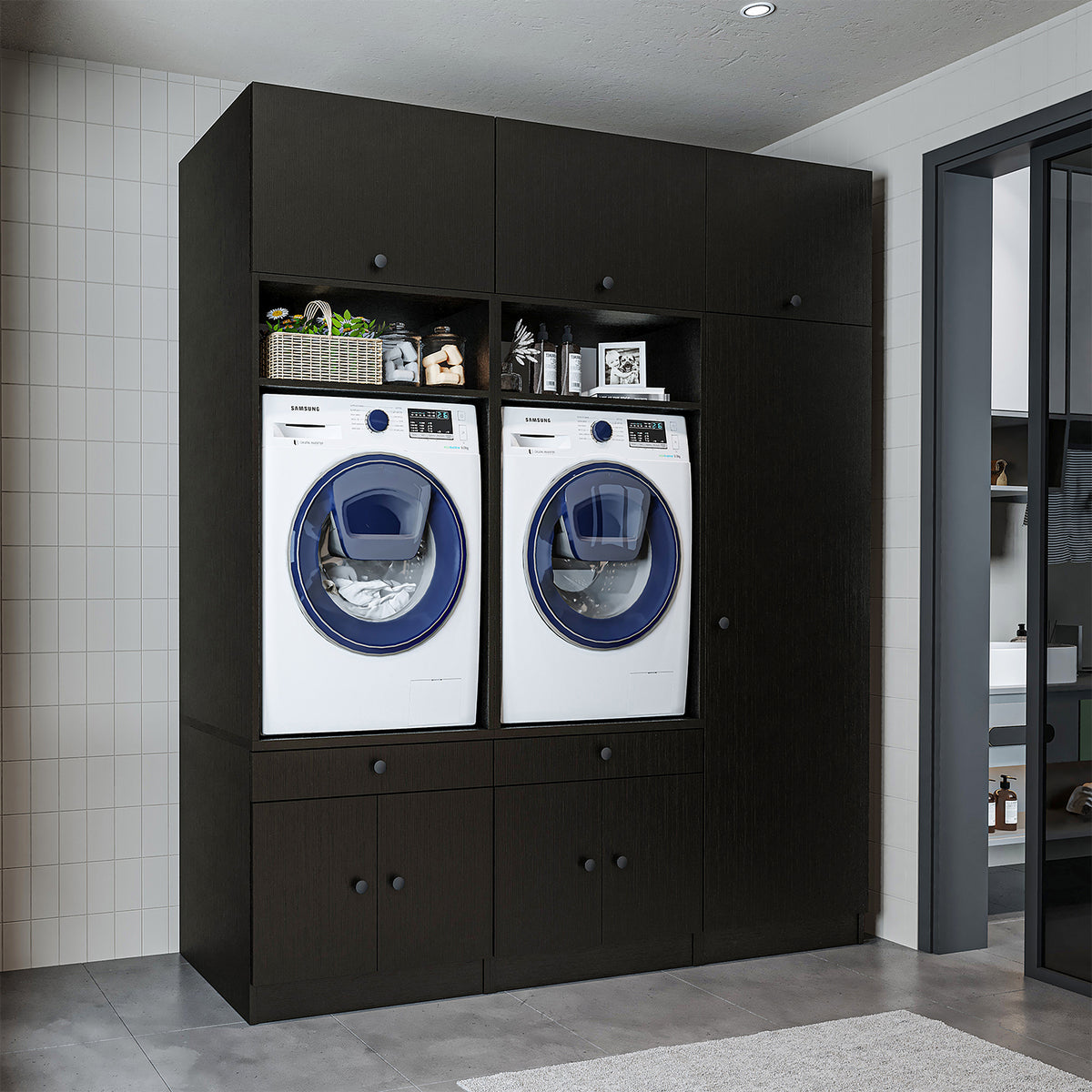 Roomart Schrankwand für Waschküche & Hauswirtschaftsraum, in 3 Farben, Mit Ausziehbrett • Weiß • Schwarz eiche - waschmaschinenschrank, waschmaschinenregal, waschturm, schrank, weiß, waschmaschinen, unterschrank, waschmaschine, trockner, haushaltsschrank,