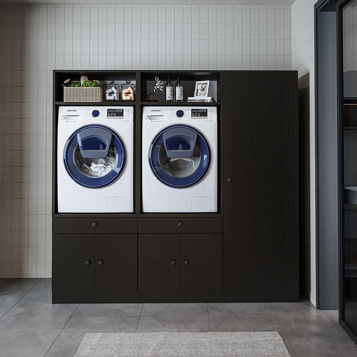 Roomart Schrankwand für Waschküche & Hauswirtschaftsraum, in 3 Farben, Mit Ausziehbrett • Weiß • Schwarz eiche - waschmaschinenschrank, waschmaschinenregal, waschturm, schrank, weiß, waschmaschinen, unterschrank, waschmaschine, trockner, haushaltsschrank,