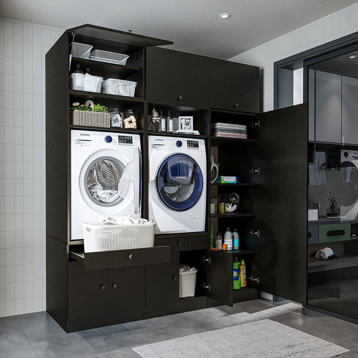 Roomart Schrankwand für Waschküche & Hauswirtschaftsraum, in 3 Farben, Mit Ausziehbrett • Weiß • Schwarz eiche - waschmaschinenschrank, waschmaschinenregal, waschturm, schrank, weiß, waschmaschinen, unterschrank, waschmaschine, trockner, haushaltsschrank,