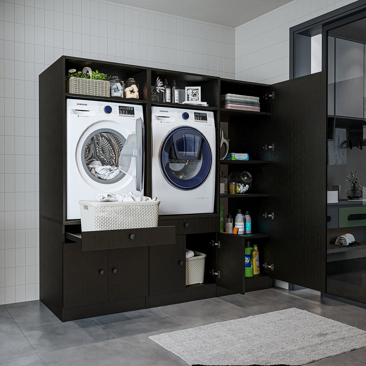 Roomart Schrankwand für Waschküche & Hauswirtschaftsraum, in 3 Farben, Mit Ausziehbrett • Weiß • Schwarz eiche - waschmaschinenschrank, waschmaschinenregal, waschturm, schrank, weiß, waschmaschinen, unterschrank, waschmaschine, trockner, haushaltsschrank,