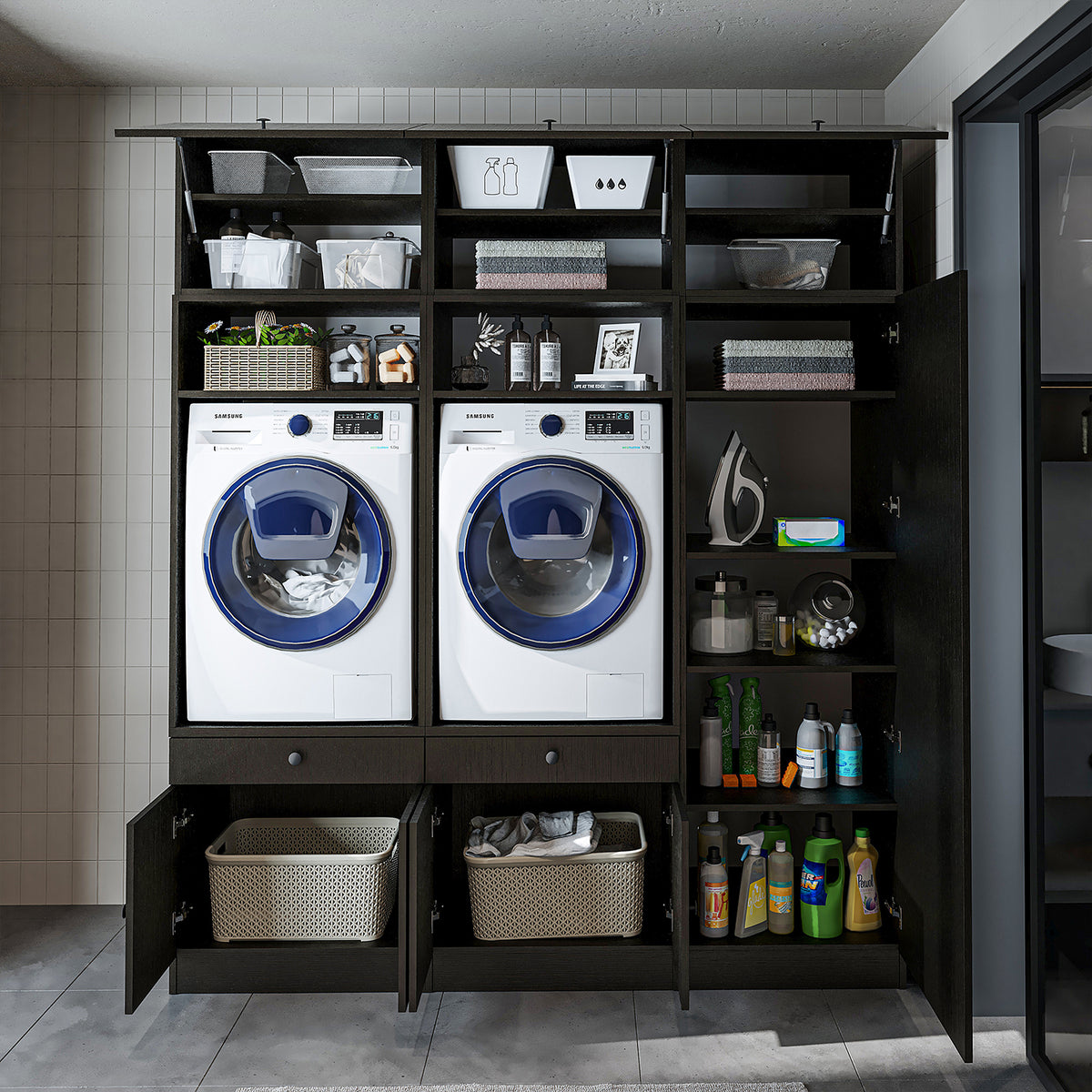 Roomart Schrankwand für Waschküche & Hauswirtschaftsraum, in 3 Farben, Mit Ausziehbrett • Weiß • Schwarz eiche - waschmaschinenschrank, waschmaschinenregal, waschturm, schrank, weiß, waschmaschinen, unterschrank, waschmaschine, trockner, haushaltsschrank,