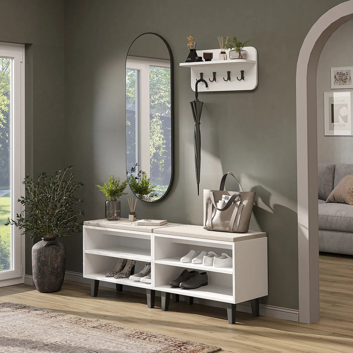 Roomart 4-teiliges Garderobenset NORD, mit 2 offenen Sitzbänken, Wandgarderobe und ovalem Spiegel, in 2 Farben