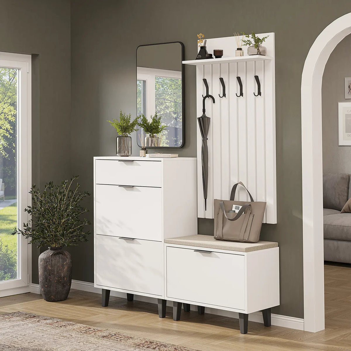Roomart 4-teiliges Garderobenset NORD in Weiß mit Schuhschrank, Sitzbank mit Schuhklappe, Garderobenpaneel und Spiegel im Flur