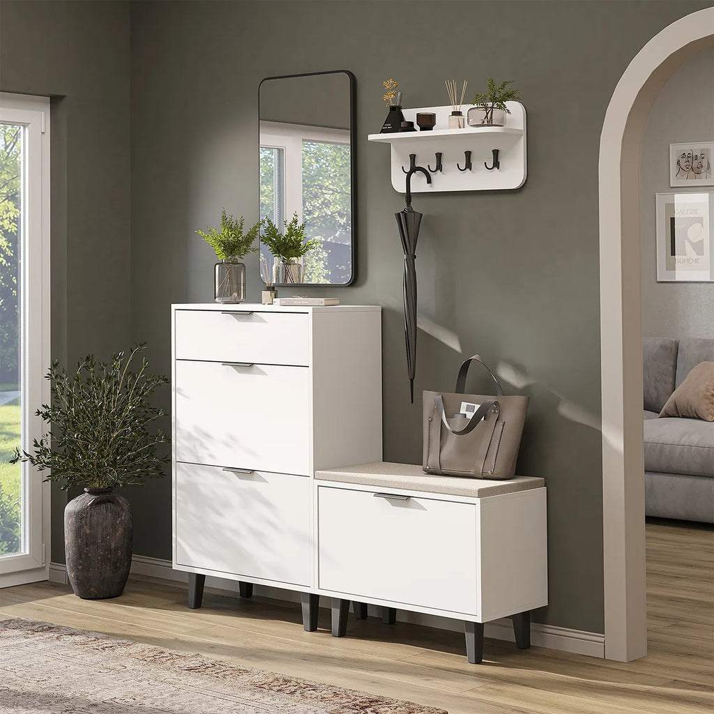 Roomart 4-teiliges Garderobenset NORD, mit Schuhschrank, Sitzbank mit Schuhklappe, Wandgarderobe und Spiegel, in 2 Farben