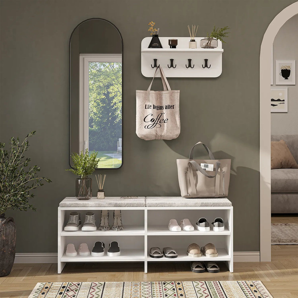Roomart 3-teiliges Garderobenset LENA in Weiß mit Sitzbank 120 cm, Wandgarderobe und Bogenspiegel im Flur
