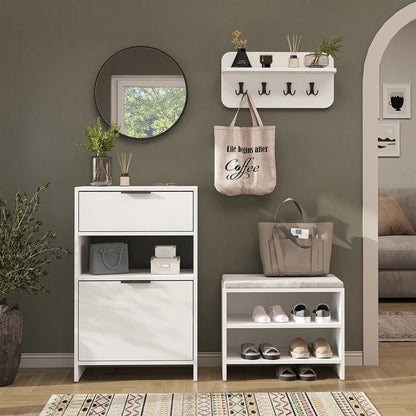 Roomart 4-teiliges Garderobenset LENA in Weiß mit Schuhschrank, Sitzbank, Wandgarderobe und rundem Spiegel im Flur