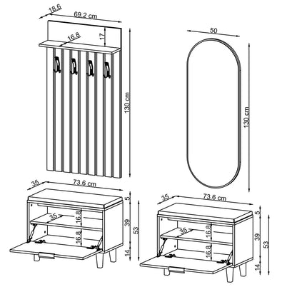 Technische Zeichnung Garderobenset NORD: 2 Sitzbänke je 73,6 x 35 x 53 cm, Garderobenpaneel 69,2 x 18,6 x 130 cm, ovaler Spiegel 50 x 130 cm