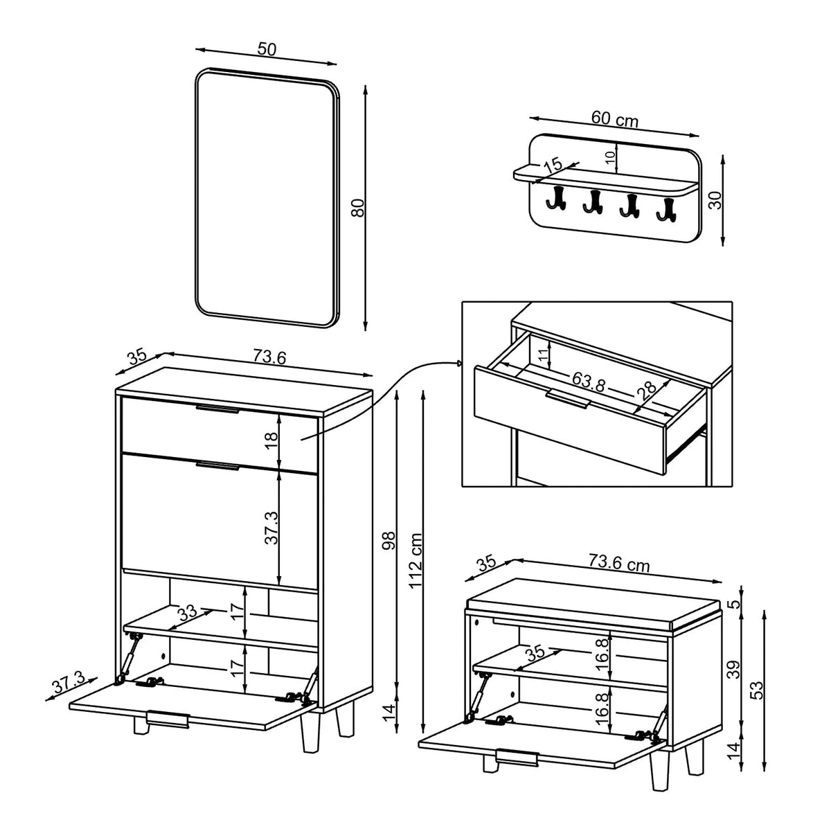Roomart 4-teiliges Garderobenset NORD, mit Schuhschrank, Sitzbank mit Schuhklappe, Wandgarderobe und Spiegel, in 2 Farben