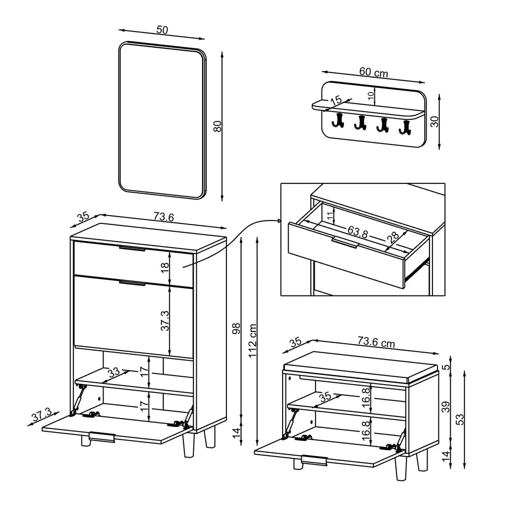 Roomart 4-teiliges Garderobenset NORD, mit Schuhschrank, Sitzbank mit Schuhklappe, Wandgarderobe und Spiegel, in 2 Farben