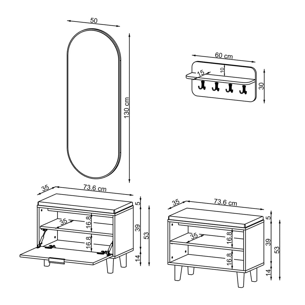 Technische Zeichnung Garderobenset NORD: 2 Sitzbänke je 73,6 x 35 x 53 cm, Wandgarderobe 60 x 30 cm, ovaler Spiegel 50 x 130 cm