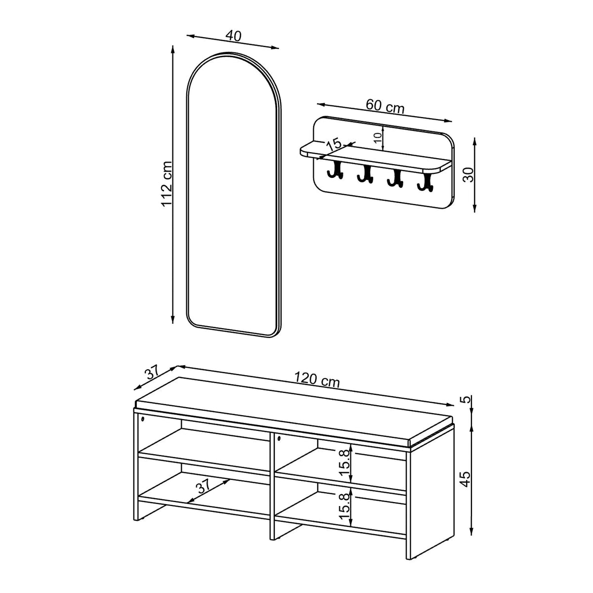 Technische Zeichnung Garderobenset LENA: Sitzbank 120 x 37 x 50 cm, Wandgarderobe 60 x 30 cm, Bogenspiegel 40 x 112 cm