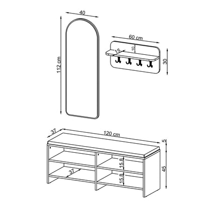 Technische Zeichnung Garderobenset LENA: Sitzbank 120 x 37 x 50 cm, Wandgarderobe 60 x 30 cm, Bogenspiegel 40 x 112 cm