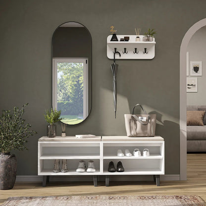 Roomart 4-teiliges Garderobenset NORD, mit 2 offenen Sitzbänken, Wandgarderobe und ovalem Spiegel, in 2 Farben