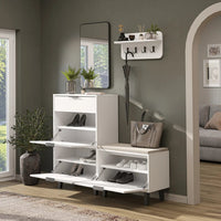 Roomart 4-teiliges Garderobenset NORD, mit Schuhschrank, Sitzbank mit Schuhklappe, Wandgarderobe und Spiegel, in 2 Farben