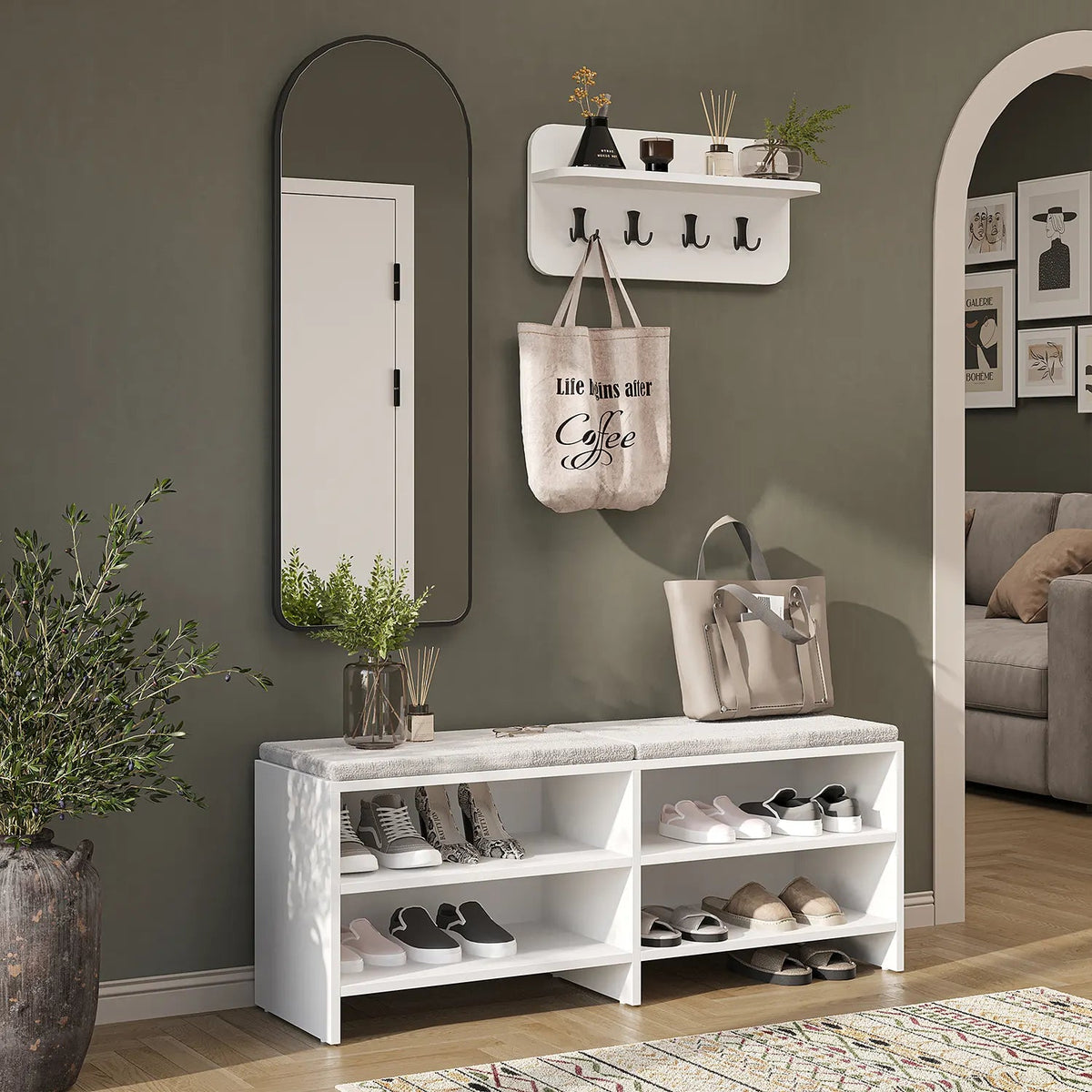 Garderobenset LENA in Weiß mit Sitzbank, Wandgarderobe und Bogenspiegel