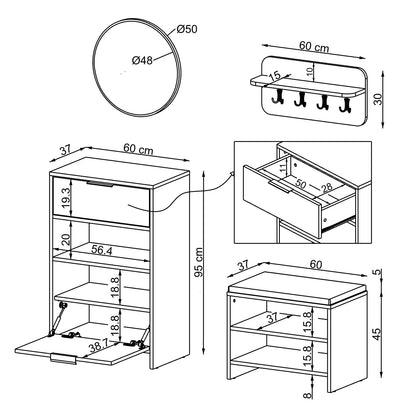 Technische Zeichnung Garderobenset LENA: Schuhschrank 60 x 37 x 95 cm, Sitzbank 60 x 37 x 50 cm, Wandgarderobe 60 x 30 cm, runder Spiegel Ø 50 cm