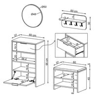 Technische Zeichnung Garderobenset LENA: Schuhschrank 60 x 37 x 95 cm, Sitzbank 60 x 37 x 50 cm, Wandgarderobe 60 x 30 cm, runder Spiegel Ø 50 cm