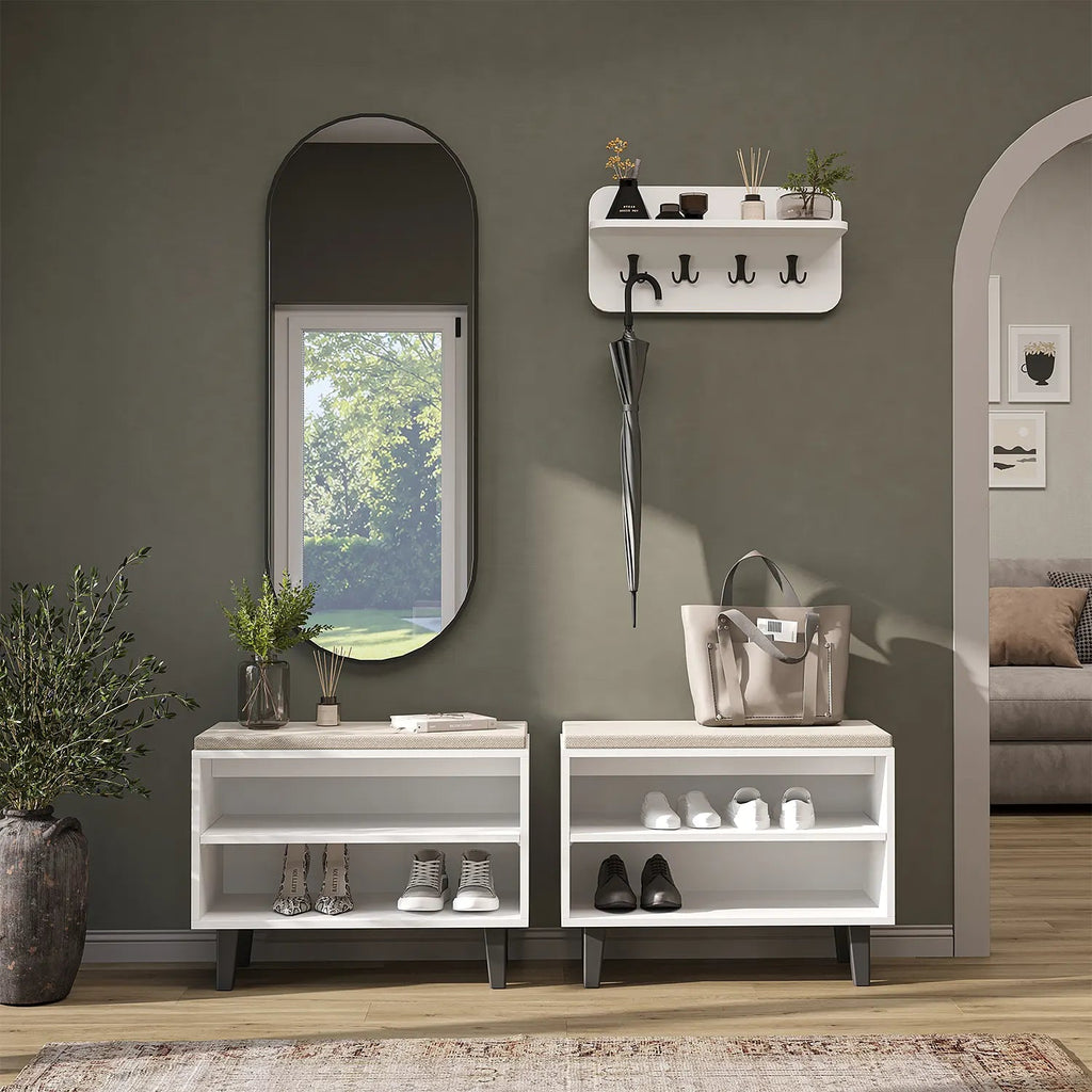 Roomart 4-teiliges Garderobenset NORD, mit 2 offenen Sitzbänken, Wandgarderobe und ovalem Spiegel, in 2 Farben
