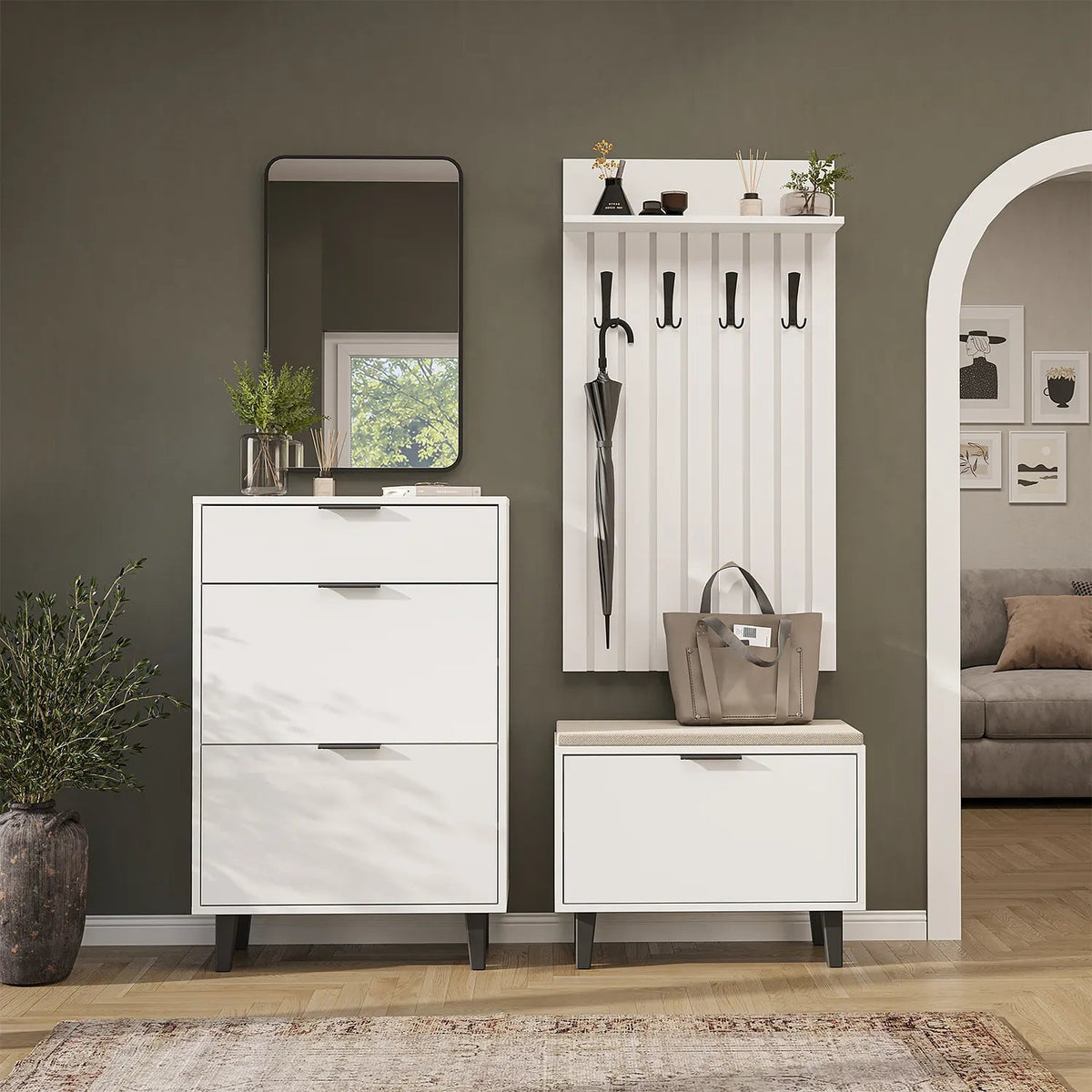 Roomart 4-teiliges Garderobenset NORD, mit Schuhschrank, Sitzbank mit Schuhklappe, Garderobenpaneel 130 cm und Spiegel, in 2 Farben