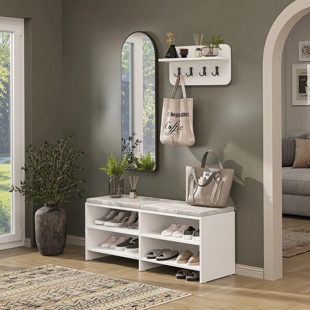 Roomart 3-teiliges Garderobenset LENA, mit Sitzbank 120 cm, Wandgarderobe und Bogenspiegel, in 2 Farben