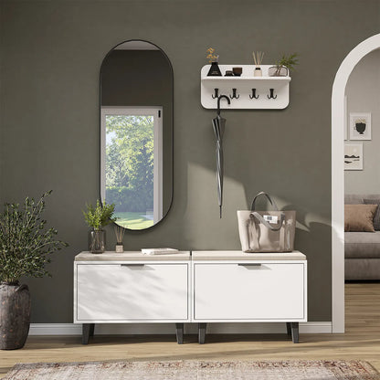 Roomart 4-teiliges Garderobenset NORD in Weiß mit 2 Sitzbänken mit Schuhklappe, Wandgarderobe und ovalem Spiegel im Flur