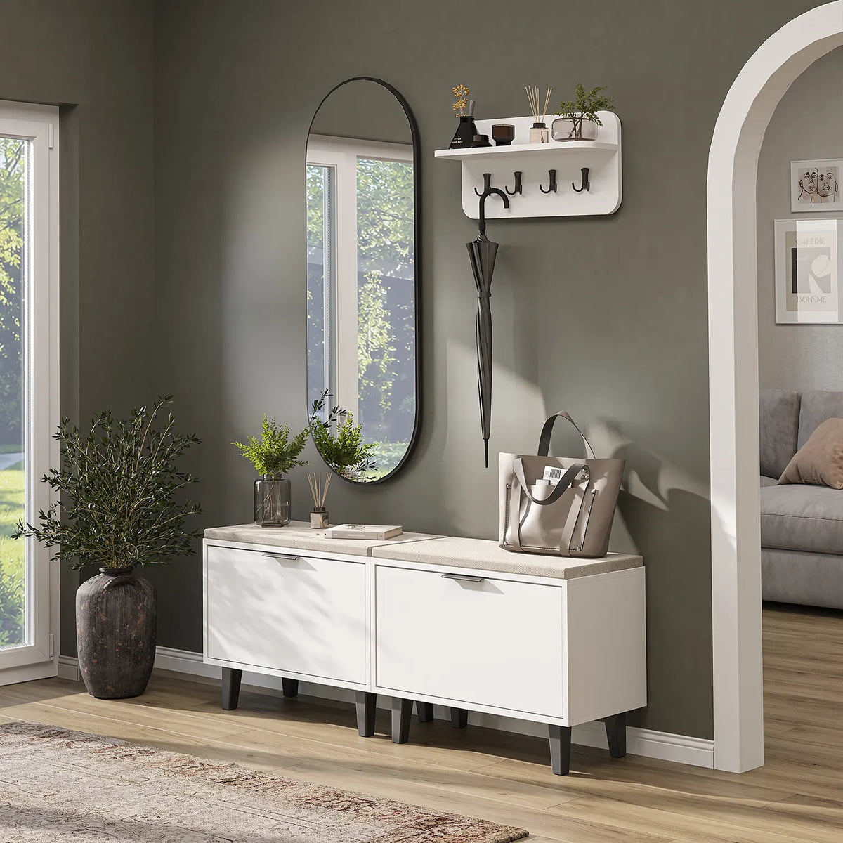 Roomart 4-teiliges Garderobenset NORD, mit 2 Sitzbänken mit Schuhklappe, Wandgarderobe und ovalem Spiegel, in 2 Farben