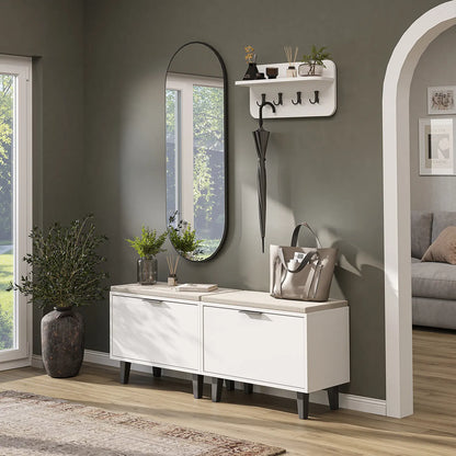 Roomart 4-teiliges Garderobenset NORD, mit 2 Sitzbänken mit Schuhklappe, Wandgarderobe und ovalem Spiegel, in 2 Farben
