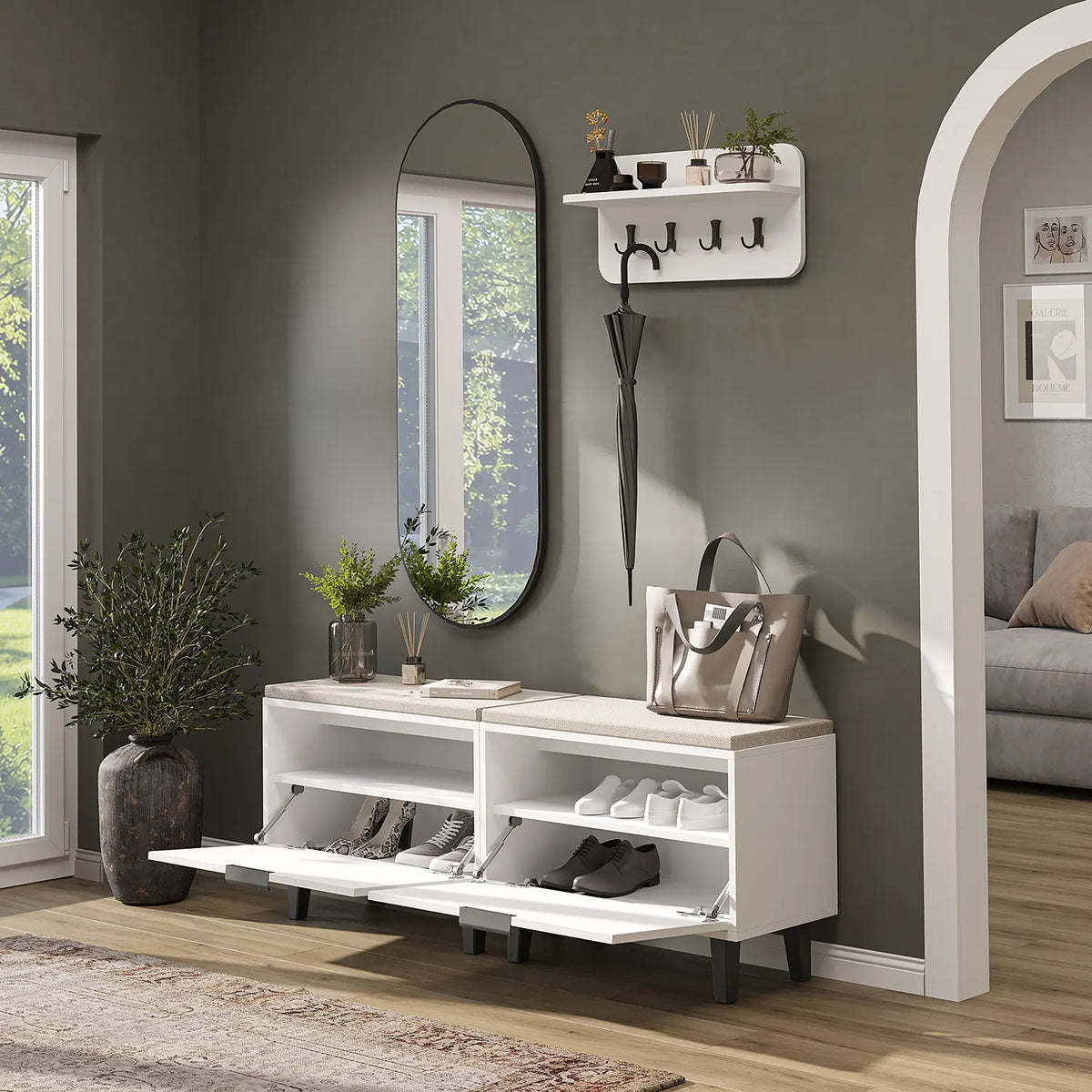 Roomart 4-teiliges Garderobenset NORD, mit 2 Sitzbänken mit Schuhklappe, Wandgarderobe und ovalem Spiegel, in 2 Farben