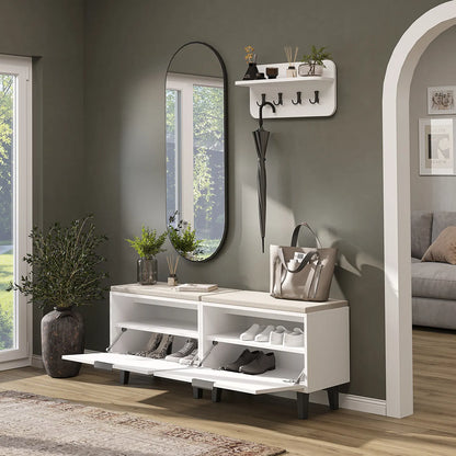 Roomart 4-teiliges Garderobenset NORD, mit 2 Sitzbänken mit Schuhklappe, Wandgarderobe und ovalem Spiegel, in 2 Farben