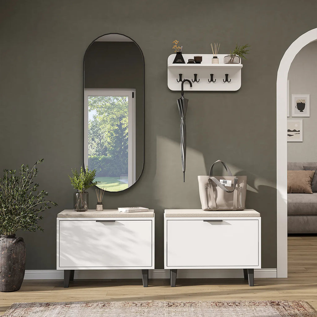 Roomart 4-teiliges Garderobenset NORD, mit 2 Sitzbänken mit Schuhklappe, Wandgarderobe und ovalem Spiegel, in 2 Farben