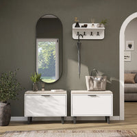 Roomart 4-teiliges Garderobenset NORD, mit 2 Sitzbänken mit Schuhklappe, Wandgarderobe und ovalem Spiegel, in 2 Farben