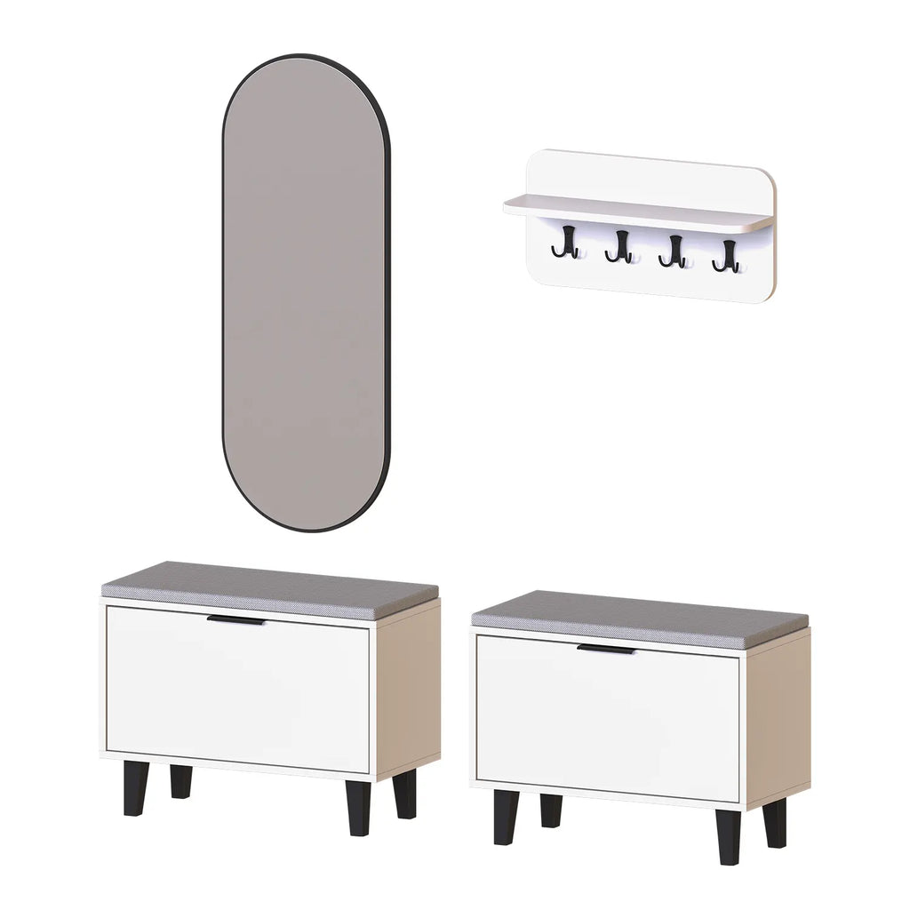 Roomart 4-teiliges Garderobenset NORD, mit 2 Sitzbänken mit Schuhklappe, Wandgarderobe und ovalem Spiegel, in 2 Farben