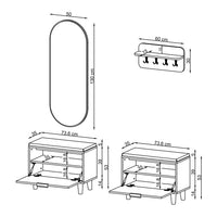 Technische Zeichnung Garderobenset NORD: Sitzbank 73,6 x 35 x 53 cm mit geöffneter Schuhklappe, Wandgarderobe 60 x 30 cm, ovaler Spiegel 50 x 130 cm