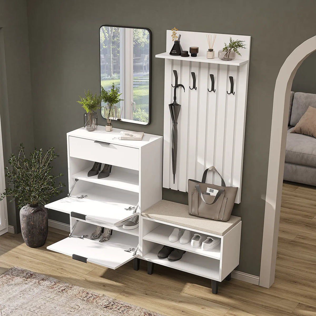 Roomart 4-teiliges Garderobenset NORD, mit Schuhschrank, Sitzbank, Garderobenpaneel 130 cm und Spiegel, in 2 Farben