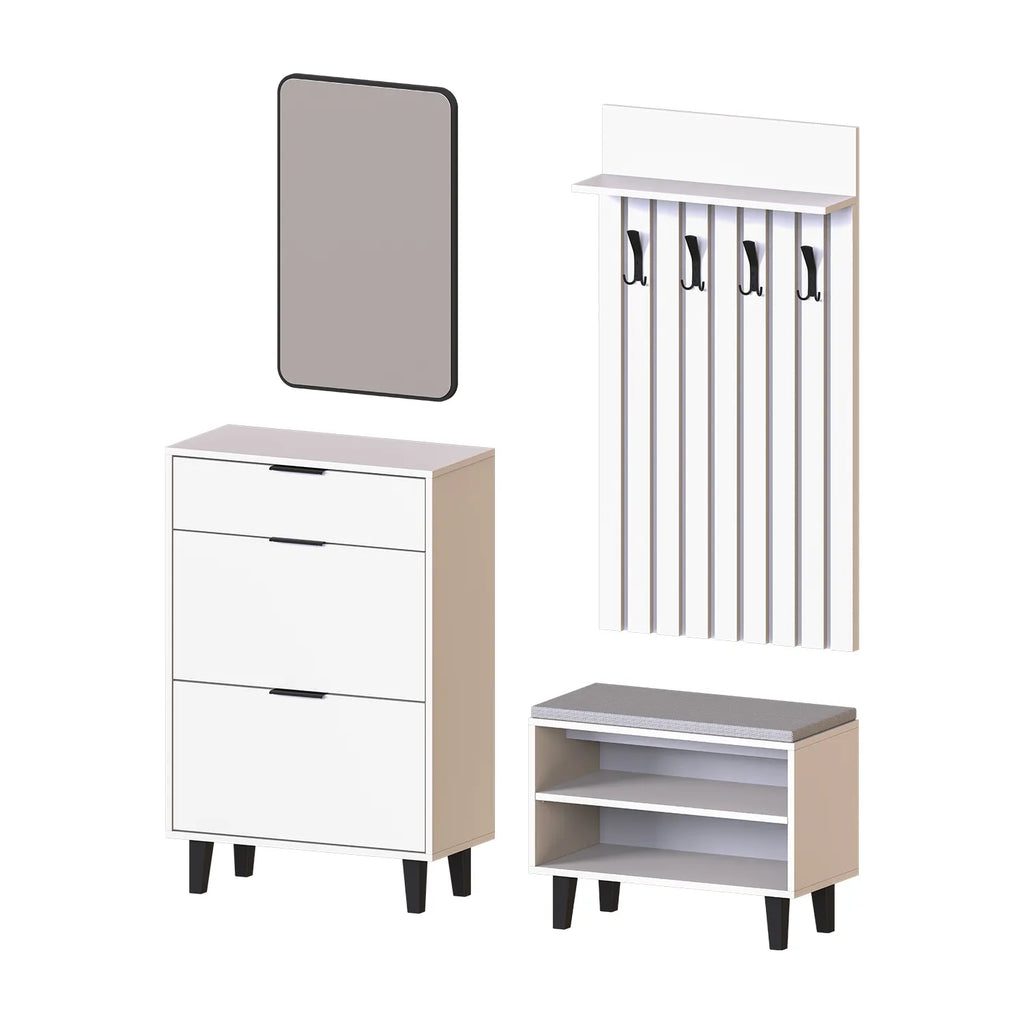 Roomart 4-teiliges Garderobenset NORD, mit Schuhschrank, Sitzbank, Garderobenpaneel 130 cm und Spiegel, in 2 Farben
