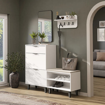 Roomart 4-teiliges Garderobenset NORD in Weiß mit Schuhschrank, Sitzbank, Wandgarderobe und Spiegel im Flur