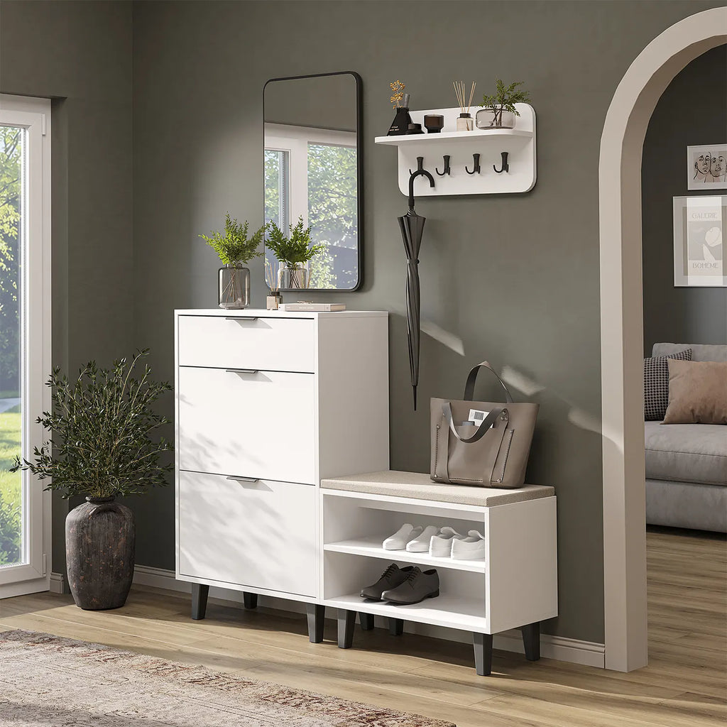 Roomart 4-teiliges Garderobenset NORD in Weiß mit Schuhschrank, Sitzbank, Wandgarderobe und Spiegel im Flur