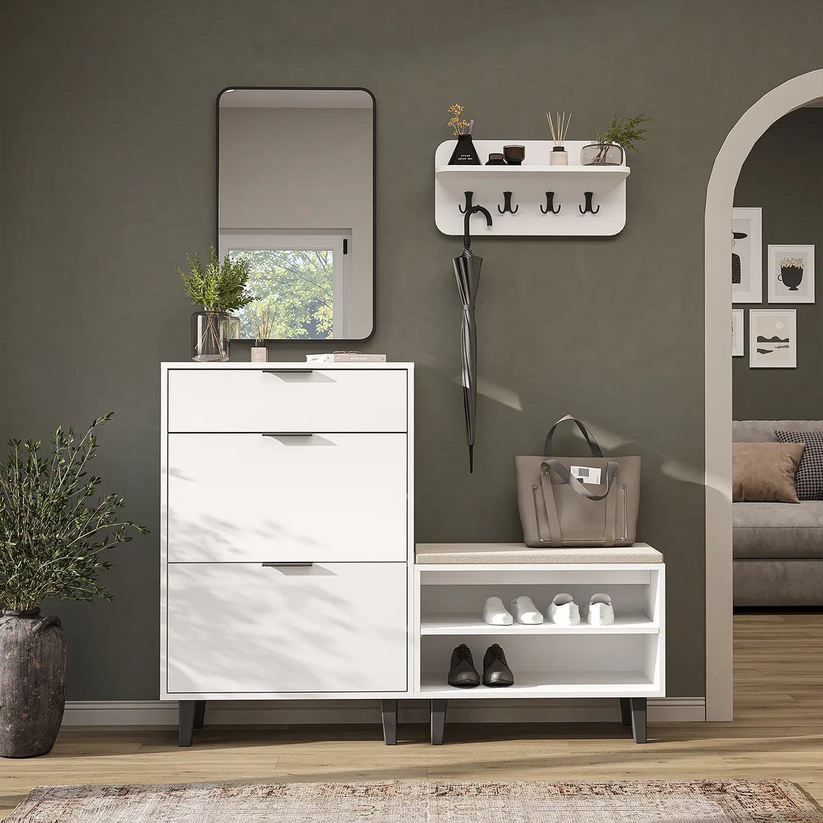 Roomart 4-teiliges Garderobenset NORD, mit Schuhschrank, Sitzbank, Wandgarderobe und Spiegel, in 2 Farben
